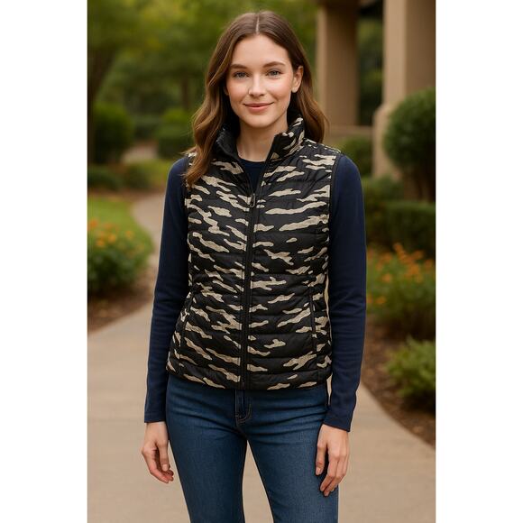 NineWest Zebra Print Puffer Vest S Snap Insulated Quilted Animal Print Outerwear - Picture 1 of 10
